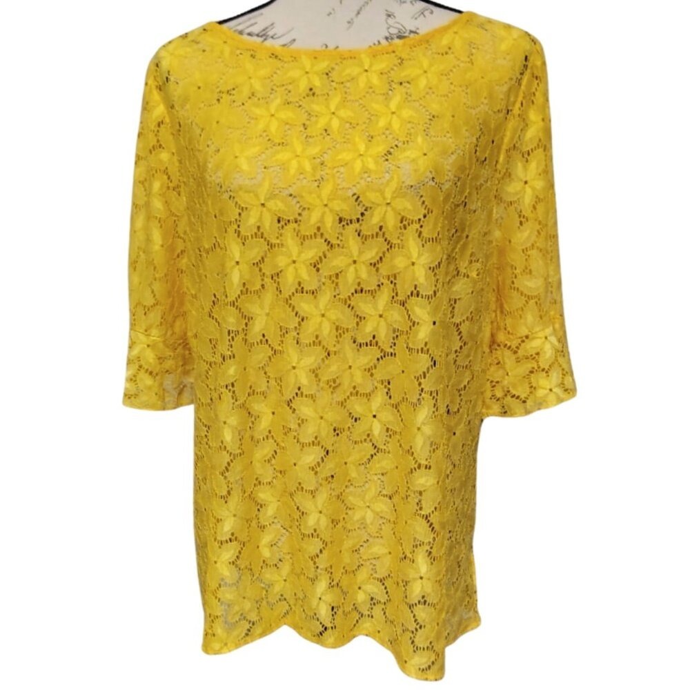Jaclyn Smith Sunshine Yellow Floral Lace Top XL Ruffle Bell Sleeve 70s Coastal‎